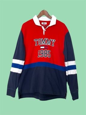 Tommy Hilfiger Rugby Polo Shirt Large Red Navy Colorblock Long Sleeve 1985 Logo